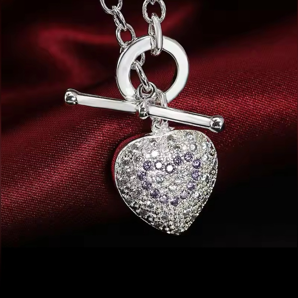 925 Sterling Silver Zircon Chain Heart Pendant Necklace Women Fashion Jewelry